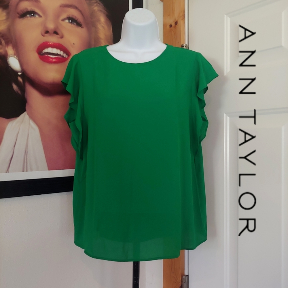 Ann Taylor Green Ruffle Sleeve Blouse